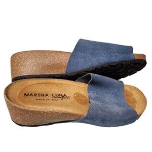 Marina Luna Comfort Blue Suede Cork Wedge Sandals Size 6.5 Italy